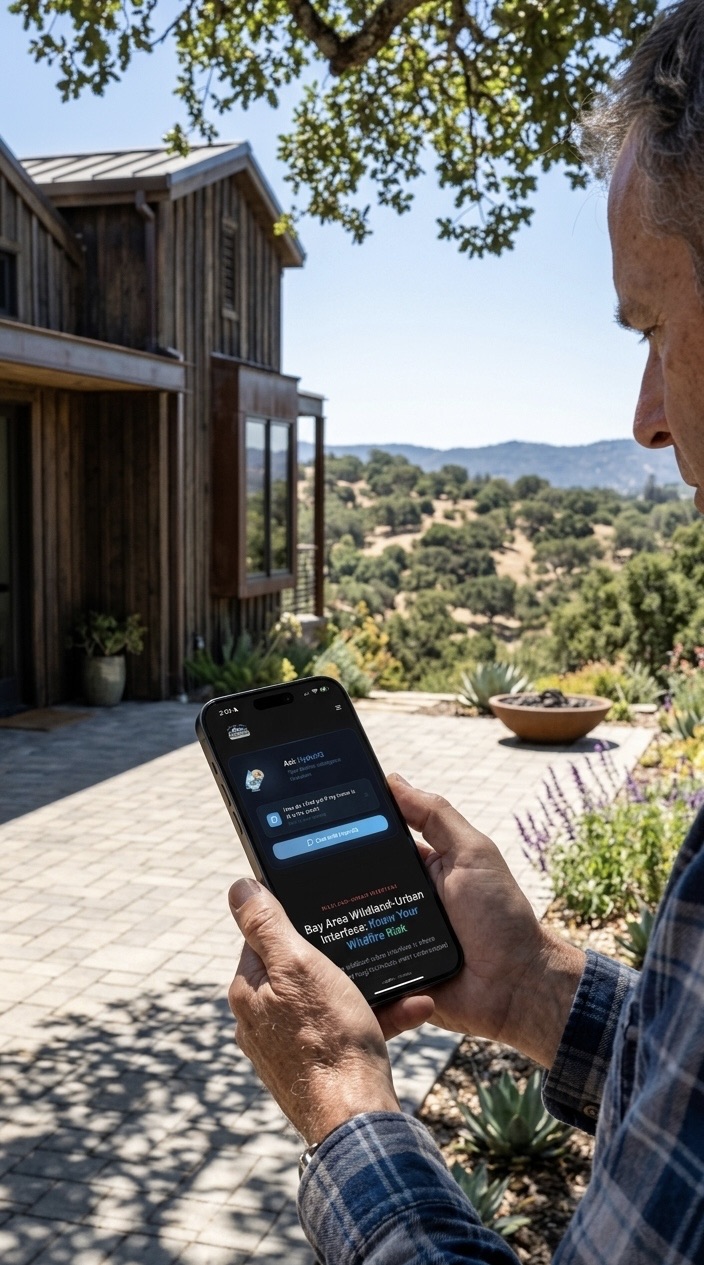 Bay Area homeowner on a hillside property consulting HydroIQ on their phone to check wildfire risk and defensible space requirements