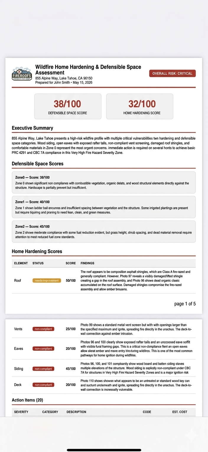 Sample page from a FireRoofs wildfire assessment report showing property photo analysis with code citations