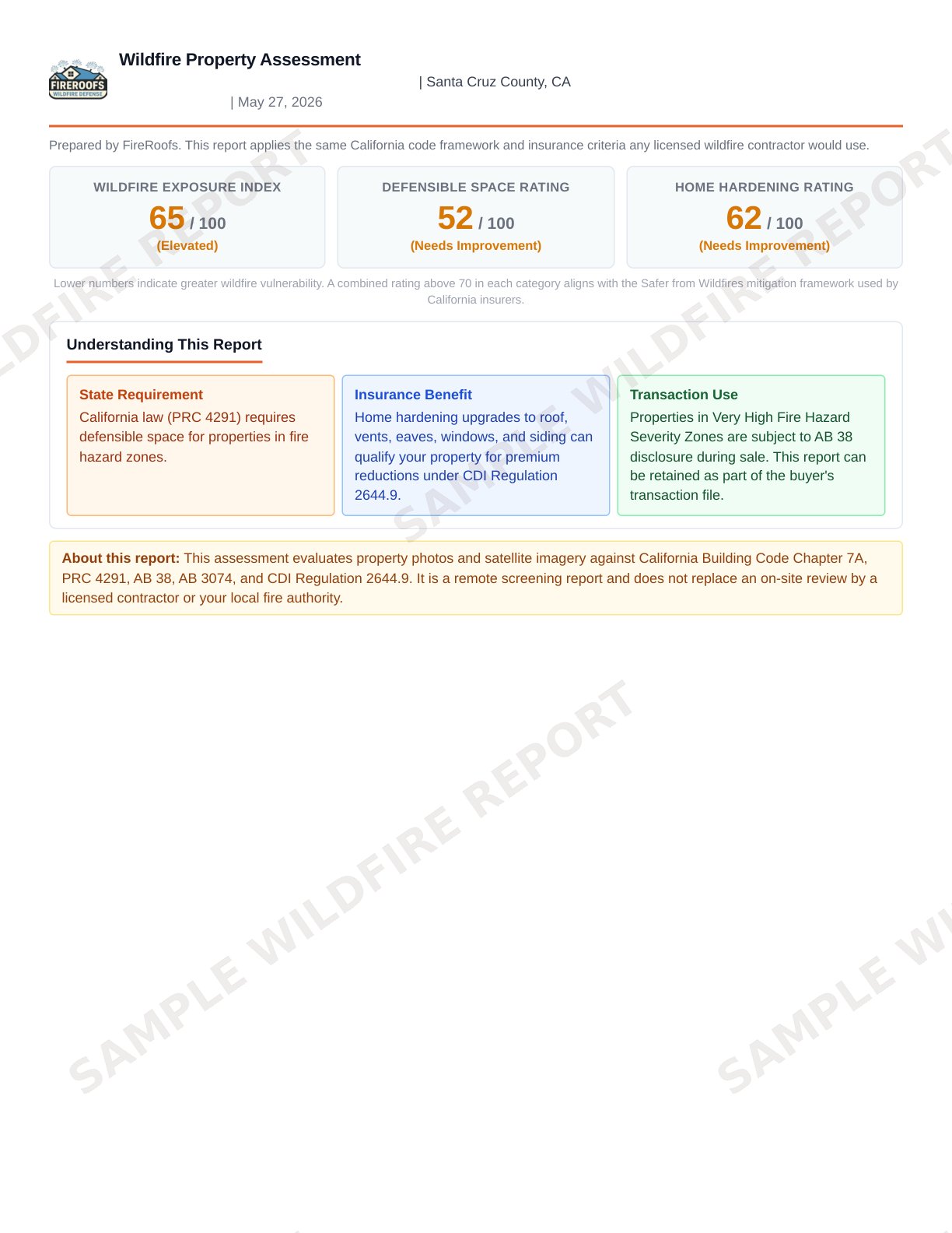 Sample wildfire assessment report cover with three risk indexes, understanding this report section, and about this report disclaimer