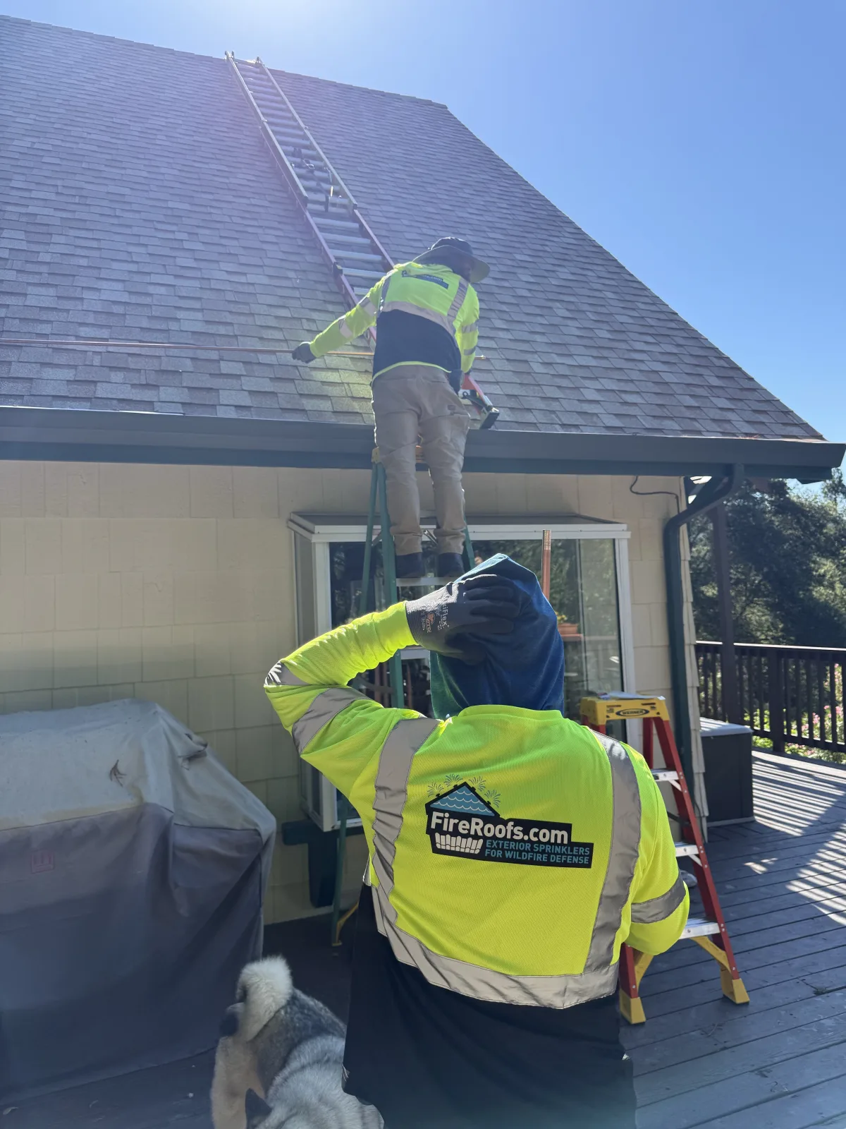FireRoofs crew installing sprinkler system on Santa Cruz Mountains cabin