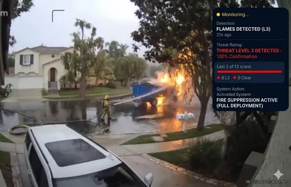 FireRoofs camera with intelligent fire detection mounted on property