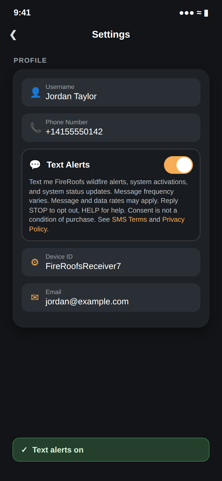 FireRoofs app Settings screen with the Text Alerts switch and its consent wording