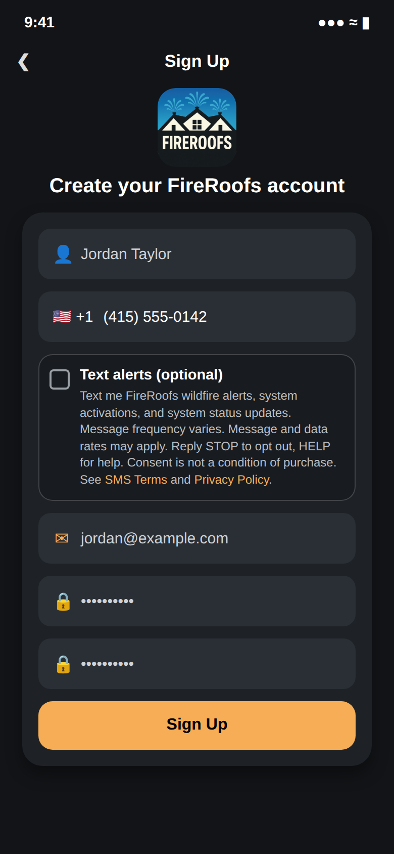 FireRoofs app sign up screen with an optional, unchecked Text alerts checkbox and its consent wording