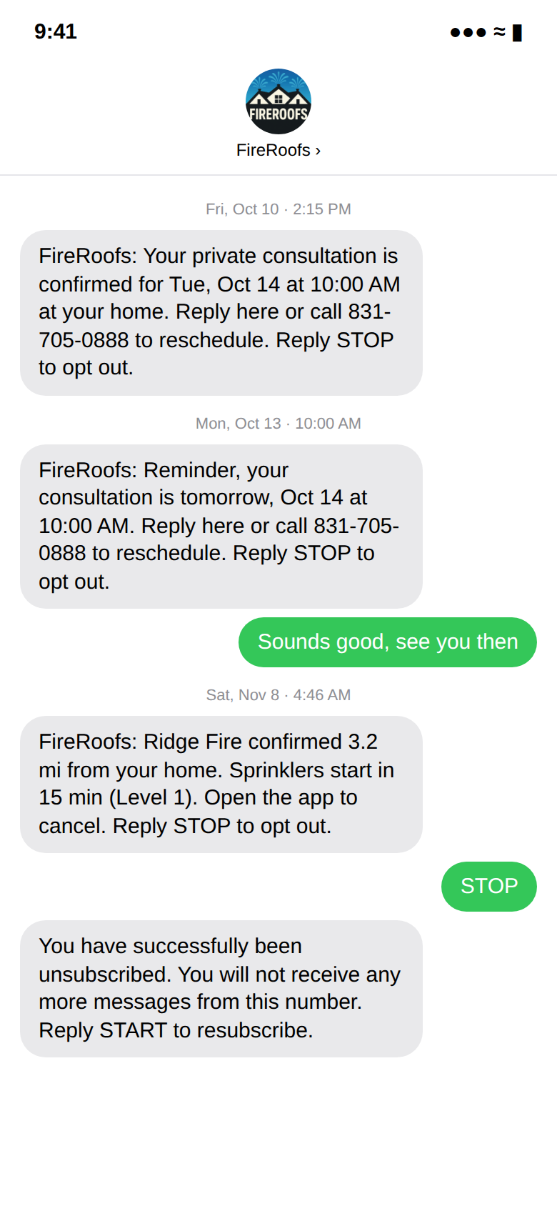 Example FireRoofs text messages, including an appointment confirmation, a reminder, and a wildfire alert