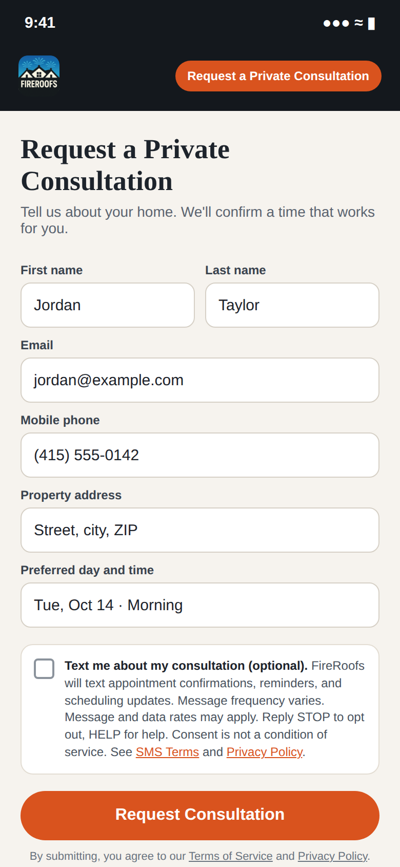 FireRoofs consultation request form with an optional, unchecked appointment texts checkbox and its consent wording