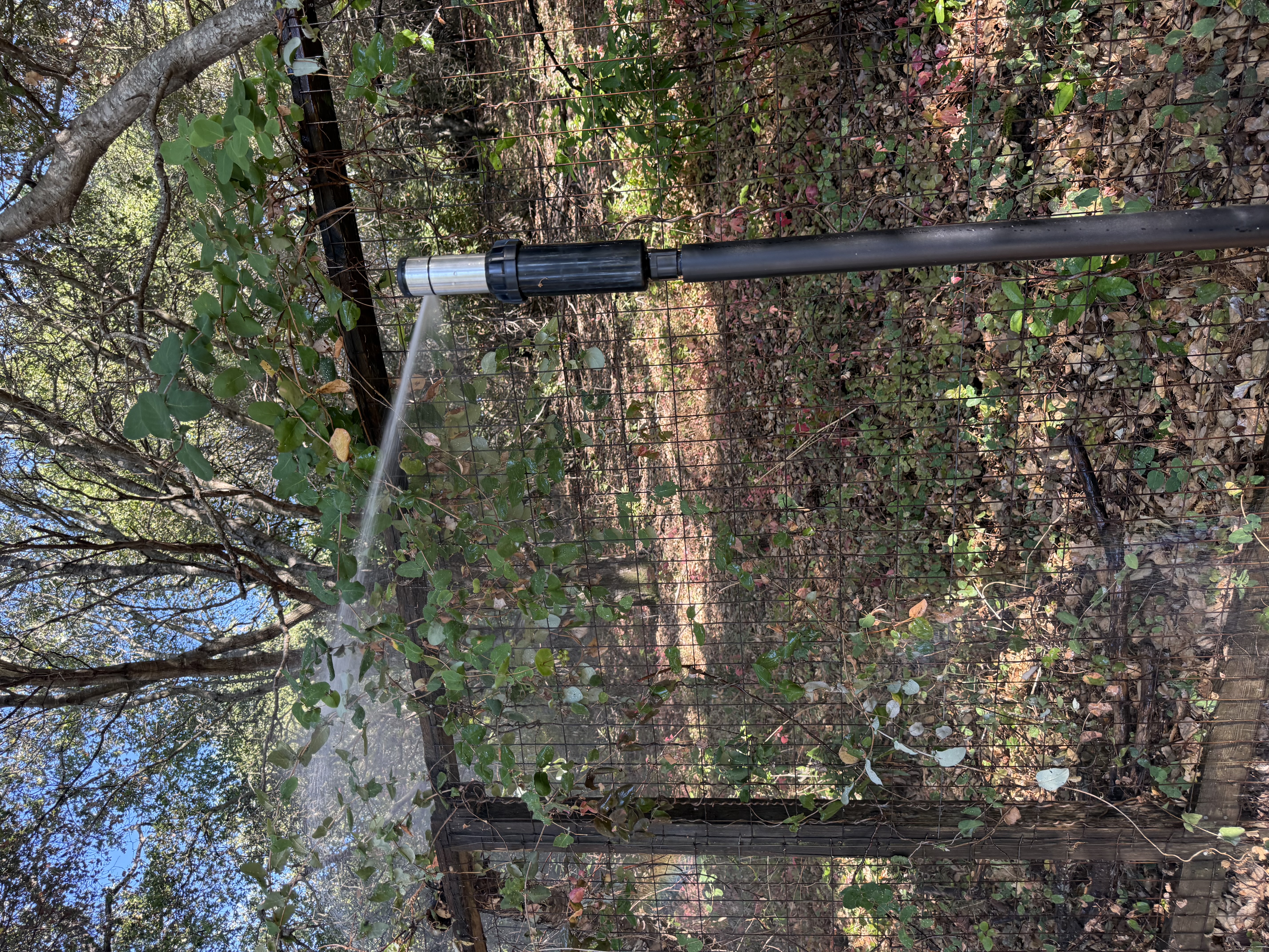 FireRoofs sprinkler nozzle saturating hillside perimeter on Bay Area property