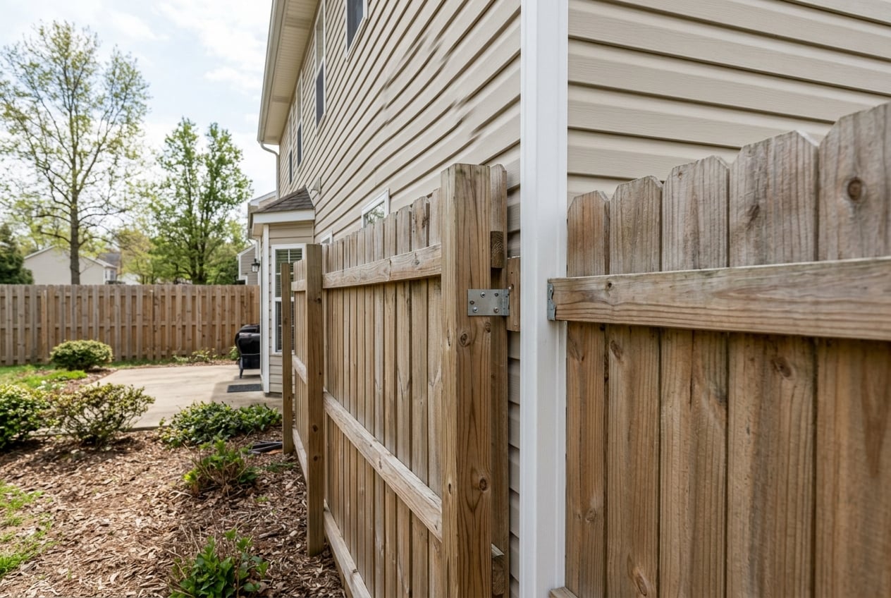 Wood fence connecting directly to house exterior creating a direct flame path from fence to structure