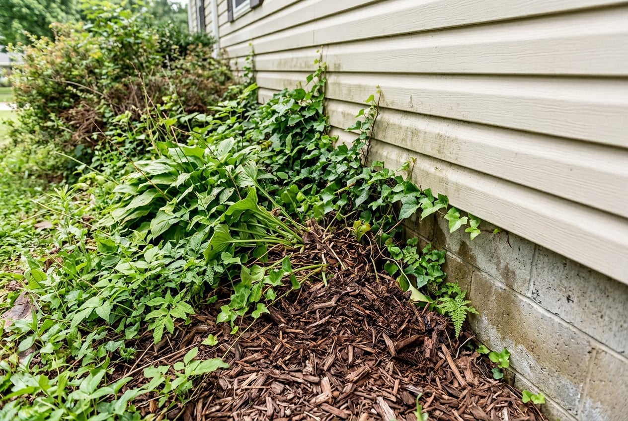 Vegetation and mulch growing against house foundation violating Zone 0 defensible space requirements