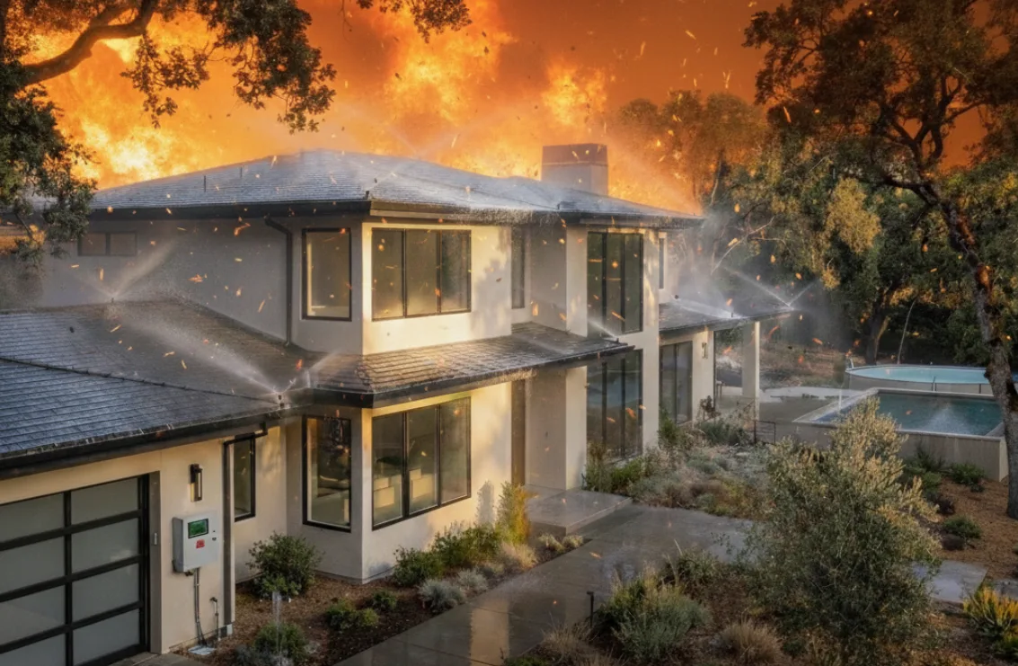 California home with exterior wildfire sprinkler system and defensible space landscaping at sunset