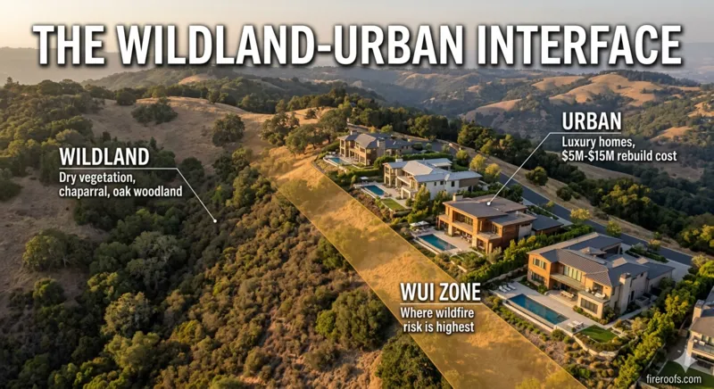 Aerial view of Bay Area wildland-urban interface showing wildland vegetation, WUI zone, and luxury homes with $5M to $15M rebuild costs